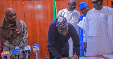 Governor Babagana Umara Zulum (2nd left) signing into law nine bills passed by the Borno State House of Assembly on Wednesday in Maiduguri. By the Governor’s left is speaker of the assembly, AbdulKarim Lawan.