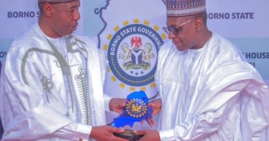 Governor Babagana Umara Zulum presenting a souvenir to Nigeria’s minister of health, Professor Mohammed Ali Pate during the minister’s visit to Government House, Maiduguri on Friday.