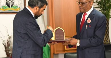 UAE Ambassador to Nigeria, HE Salem Saeed Al Shamsi presenting a gift to the FCT Minister, Barrister Nyesom Wike during the envoy's visit to the Minister, on Monday