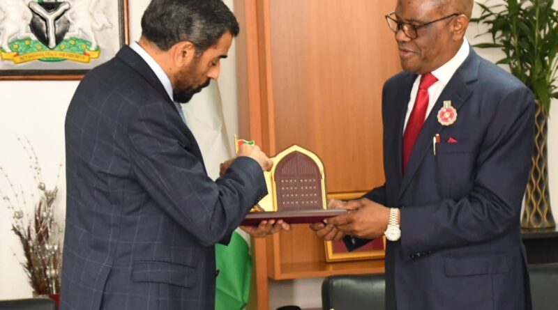 UAE Ambassador to Nigeria, HE Salem Saeed Al Shamsi presenting a gift to the FCT Minister, Barrister Nyesom Wike during the envoy's visit to the Minister, on Monday