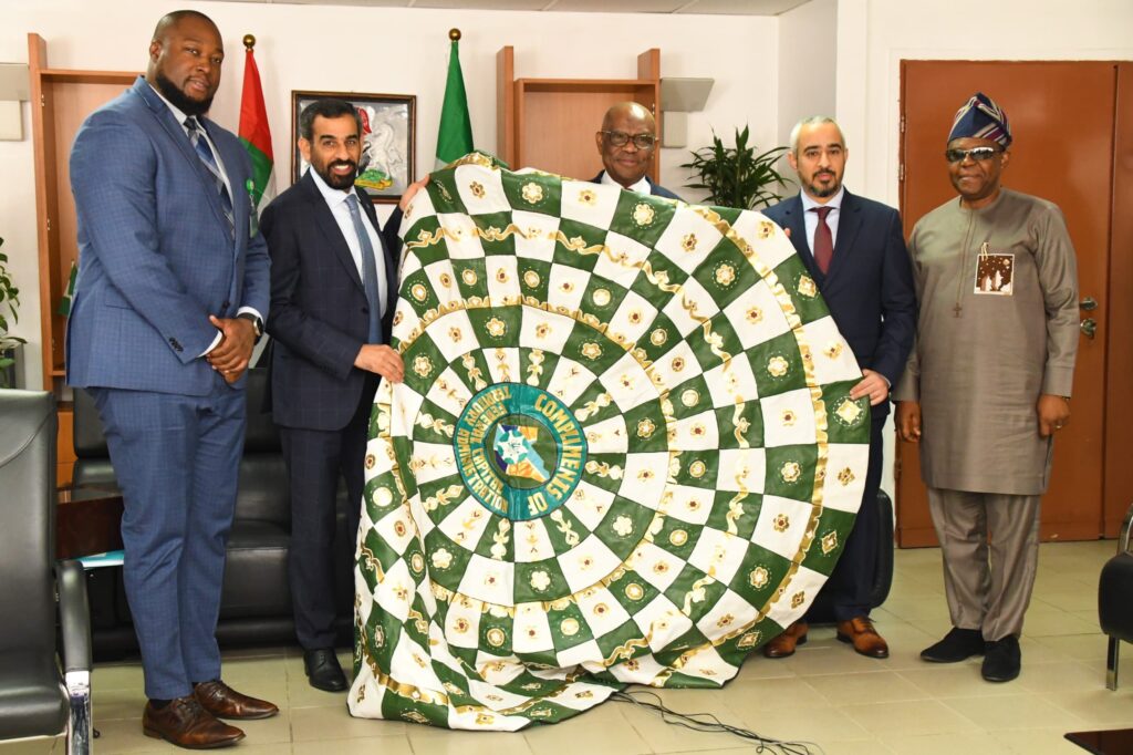 FCT Minister, Barrister Nyesom Wike (3rd left) presenting a gift to the UAE Ambassador to Nigeria, HE Salem Saeed Al Shamsi (2nd left) flanked by  SSA to the FCT Minister on Legal and Multilateral Matter, Barrister Benedict Dauda,(1st left) UAE Deputy Ambassador to Nigeria, Humaid Abdulla (2nd right) and the Secretary, Economic Planning, Revenue Generation and PPP Secretariat, Mr Charles Elechi (1st right) during the envoy's courtesy visit to the FCTA on Monday.