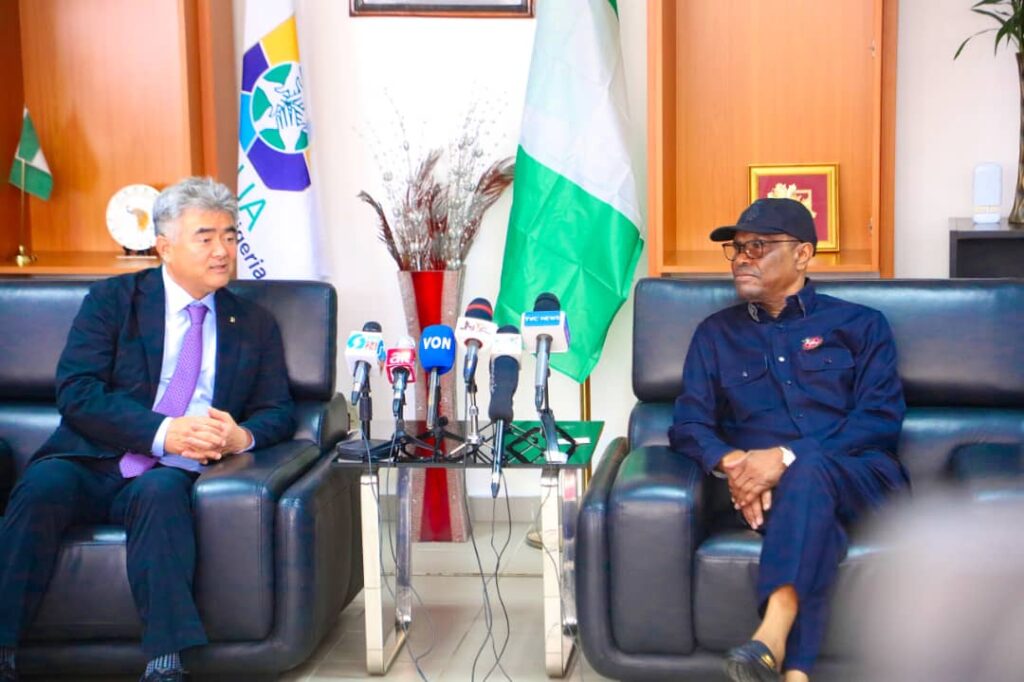 Wonju Jung Global Chairman, Daewoo Engineering and Construction with the FCT Minister, Barrister Nyesom Wike during the visit of the Daewoo Chairman to the FCTA on Thursday