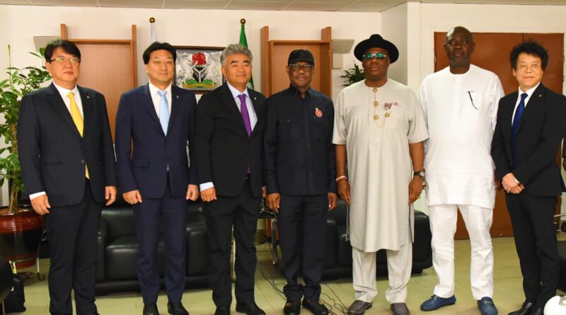 L-R: Seung Han, Executive Vice President, Daewoo Engineering and Construction, TaeWon Jubg, MD, Daewoo Eand C Nig, Wonju Jung, Global Chairman Daewoo E and C, FCT Minister, Nyesom Wike, Chief Joseph Penawou Country Chairman, Daewoo E and C, Heineken Lokpobiri, Hon Minister of State for Petroleum, and Steve Ko Executive Director Technical Daewoo E and C during the visit of the Daewoo delegation to the FCTA on Thursday