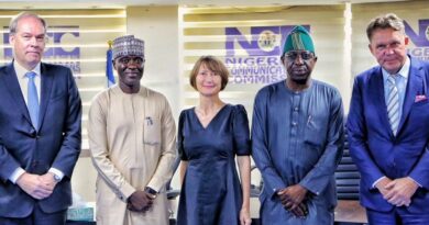 L-R: Finnish Deputy Minister for International Trade, Jarno Syrjala; Executive Vice Chairman/Chief Executive Officer, Nigerian Communications Commission (NCC), Dr. Aminu Maida; Finnish Ambassador to Nigeria, Leena Pylvanainen; Executive Commissioner, Stakeholder Management, NCC, Adeleke Adewolu, and Nokia Vice President for Sales, Middle East and Africa, Petri Moilanen, during the visit of a delegation from Finland to the Commission in Abuja recently.