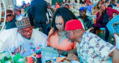 L-R: Deputy Speaker of the House of Representatives, Rt Hon Benjamin Kalu; MD/CEO, News Engineering Nigeria Limited, Lady Josephine Nwaeze and Chairman of the Senate Committee on Power, Senator Enyinnaya Abaribe at the 40th anniversary of NEWS Engineering Limited and launch of NEWS 40/40 Leadership Development Fellowship, held in Abuja on Monday night November 6 2023. Photo: Deputy Speaker's Media Office