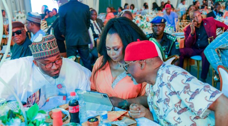 L-R: Deputy Speaker of the House of Representatives, Rt Hon Benjamin Kalu; MD/CEO, News Engineering Nigeria Limited, Lady Josephine Nwaeze and Chairman of the Senate Committee on Power, Senator Enyinnaya Abaribe at the 40th anniversary of NEWS Engineering Limited and launch of NEWS 40/40 Leadership Development Fellowship, held in Abuja on Monday night November 6 2023. Photo: Deputy Speaker's Media Office