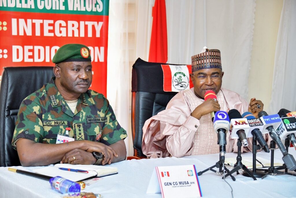 Chairman/Chief Executive Officer of the National Drug Law Enforcement Agency, NDLEA, Brig. Gen. Mohamed Buba Marwa (Retd) making his remarks while the Chief of Defence Staff, Gen. Christopher Musa listens when the CDS paid Marwa a courtesy visit at the NDLEA's national headquarters in Abuja on Monday 18th December 2023