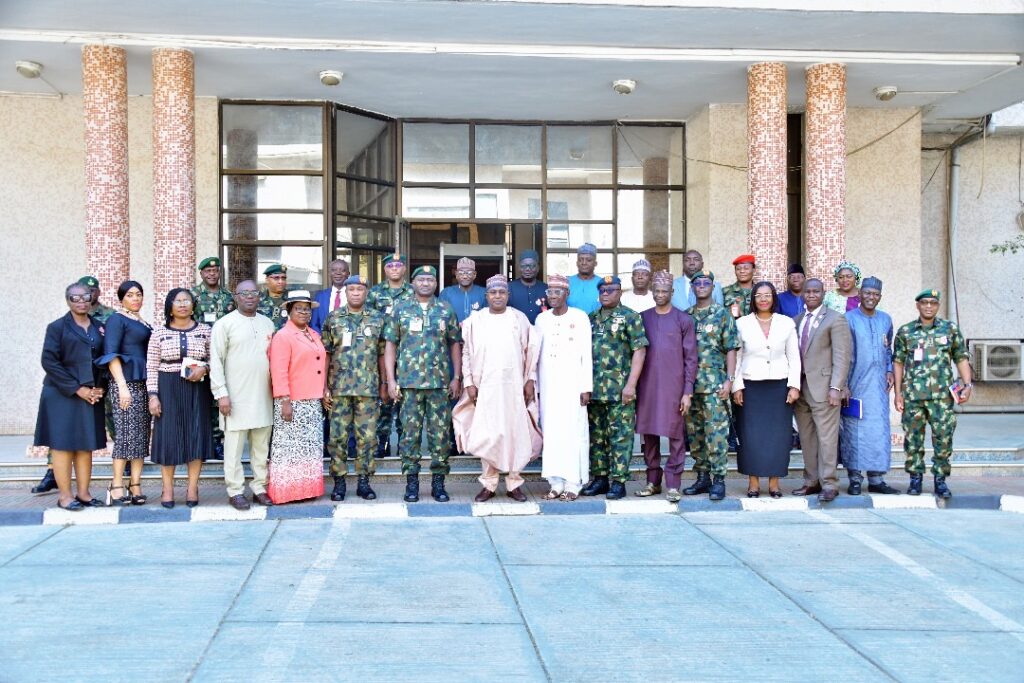 Chairman/Chief Executive Officer of the National Drug Law Enforcement Agency, NDLEA, Brig. Gen. Mohamed Buba Marwa (Retd) making his remarks while the Chief of Defence Staff, Gen. Christopher Musa listens when the CDS paid Marwa a courtesy visit at the NDLEA's national headquarters in Abuja on Monday 18th December 2023