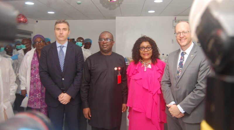 Deputy Country Representative, United Nations Office on Drugs and Crime, UNODC, Mr. Danilo Campisi; Director Media and Advocacy, National Drug Law Enforcement Agency, NDLEA, Femi Babafemi representing the Chairman/Chief Executive Officer of the Agency; Director, Forensic and Chemical Monitoring NDLEA, Mrs. Margaret Ogundipe and Consul General, United States Embassy, Will Stevens at the commissioning and handover ceremony of the newly renovated NDLEA forensic laboratory in Lagos on Wednesday 10th January 2024